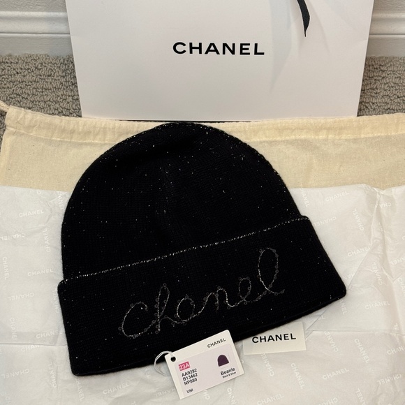 Chanel Black Sequin Cashmere Beanie